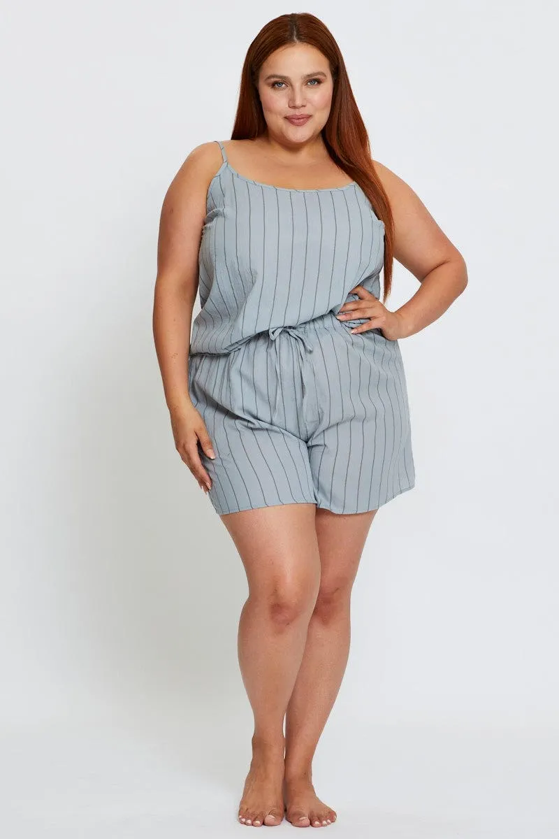 Blue Pyjamas Set Sleeveless Stripe Cami Top & Short Team Edge Teen Fresh