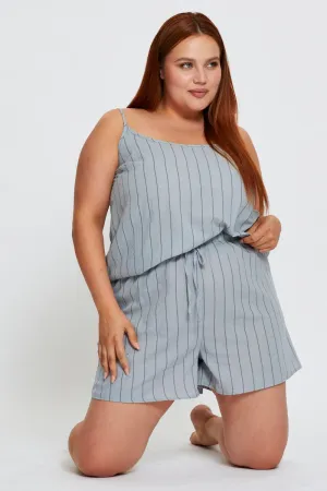 Firm Leather Blue Pyjamas Set Sleeveless Stripe Cami Top & Short