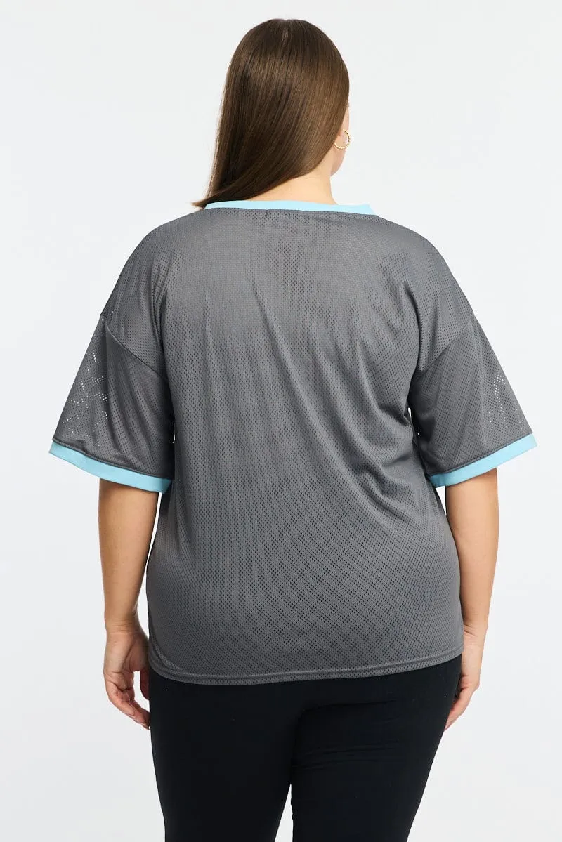 Grey Graphic T-shirt Short Sleeve V-neck vacation wear