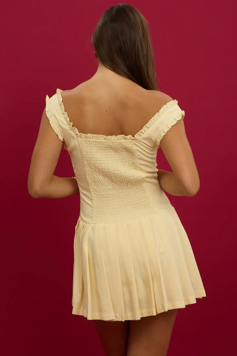 Yellow Mini Dress Pleated Skirt Gathered Bust skin friendly