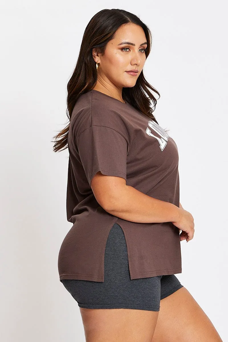 Layered Shoulder Design Ultimate Comfort Brown Short Sleeve London Side Split T-shirt