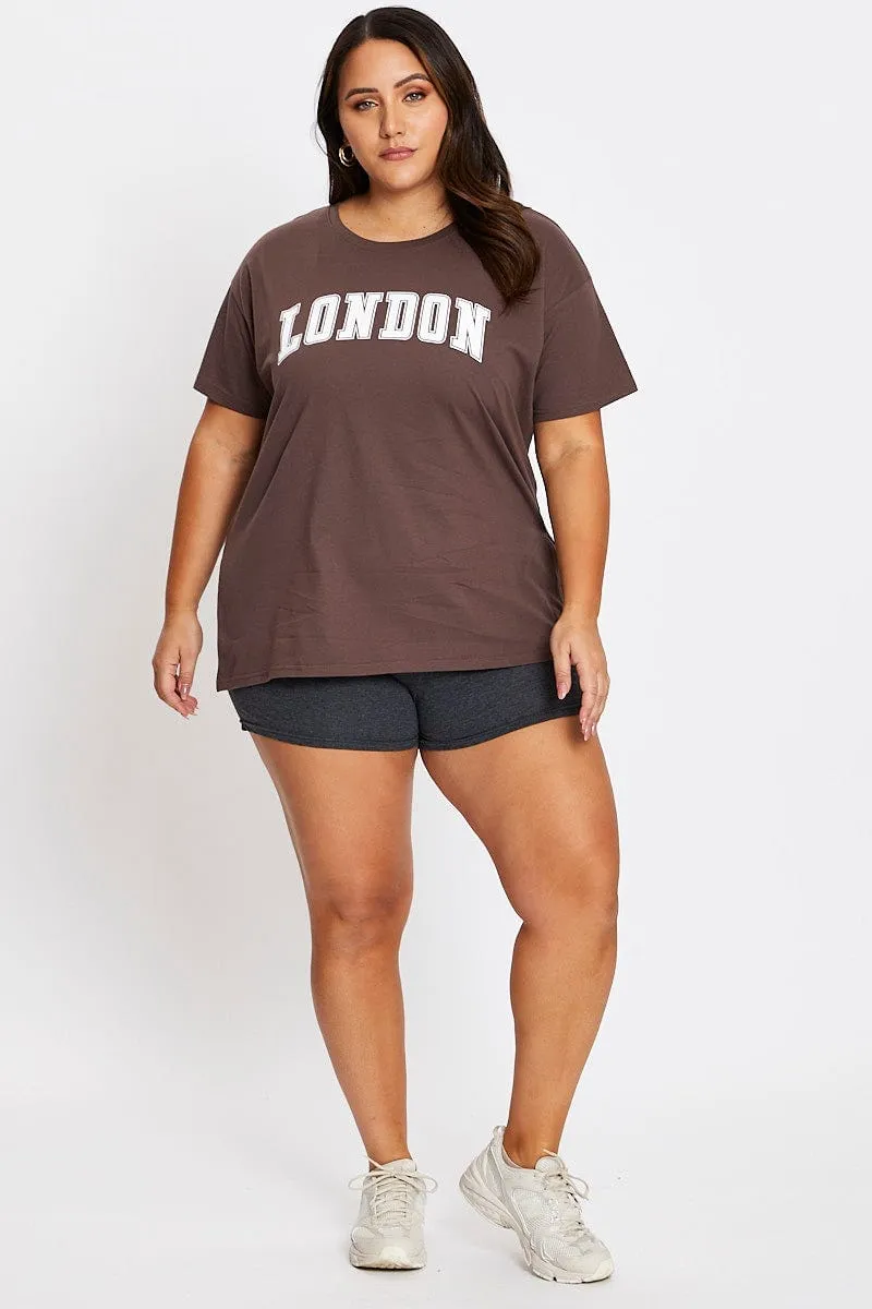 Brown Short Sleeve London Side Split T-shirt Fashionable Option Street Outfit