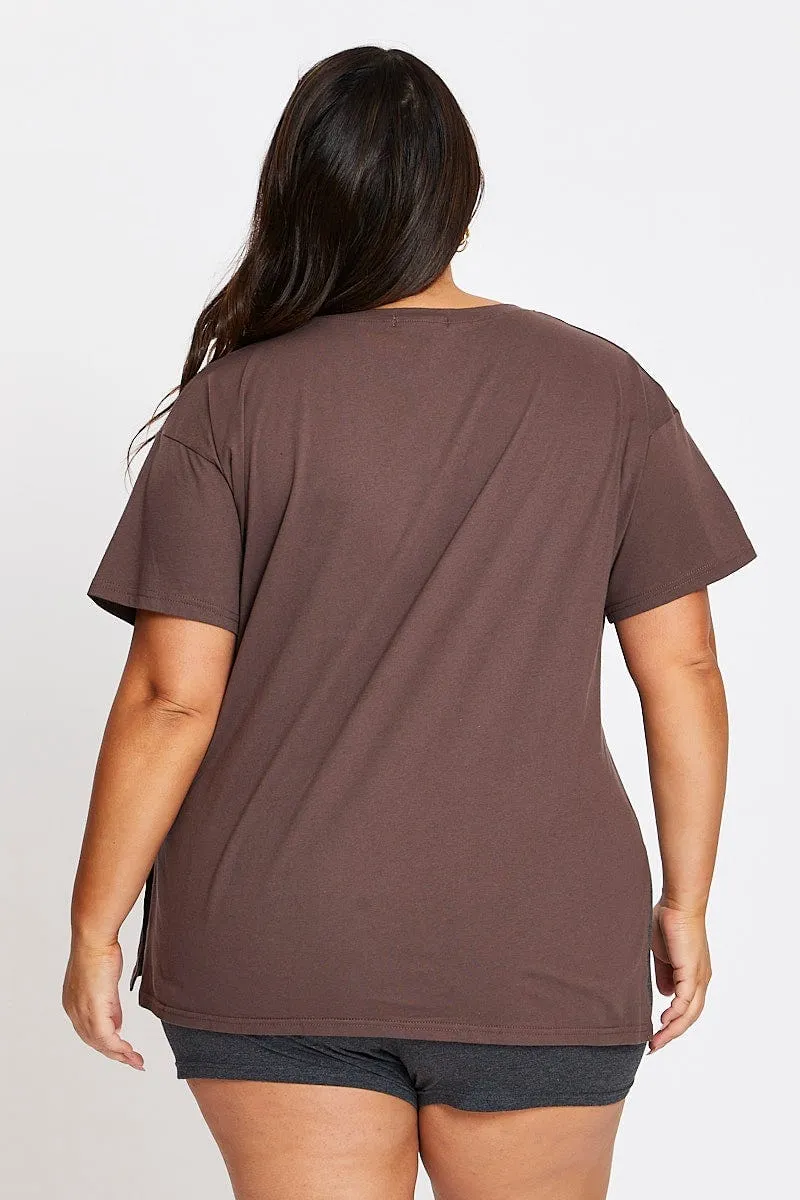 Brown Short Sleeve London Side Split T-shirt BiodegradableMaterial tall size