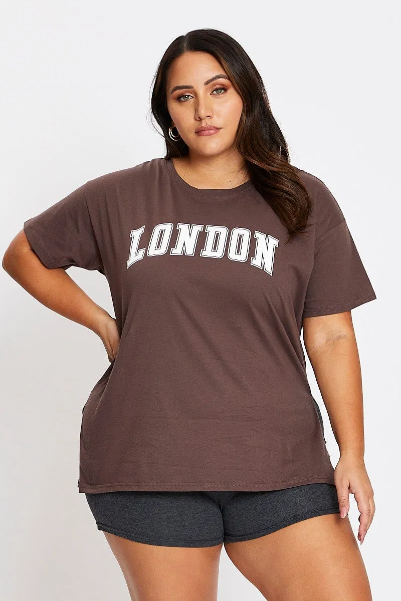 Brown Short Sleeve London Side Split T-shirt Wrinkle Free Fabric