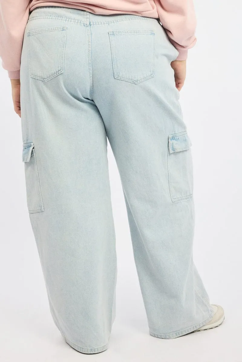 Active Fit Sunny Vibes Casual Denim Cargo Jeans Mid Rise