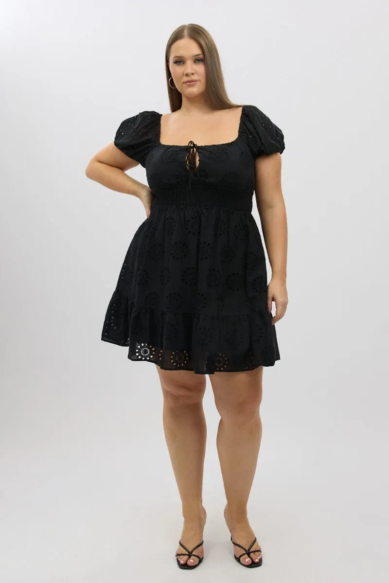 Black Cotton Eyelet Lace Scoop Neck Mini Dress Adjustable Ties