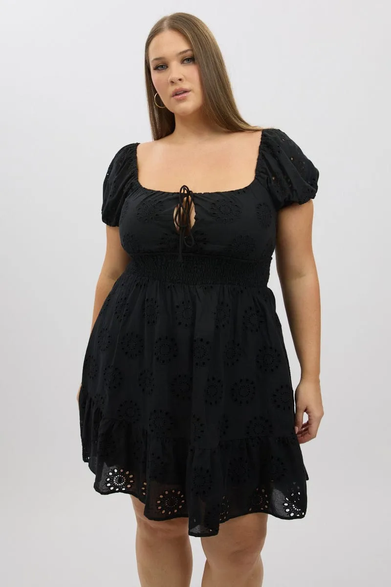Weekend Look Black Cotton Eyelet Lace Scoop Neck Mini Dress