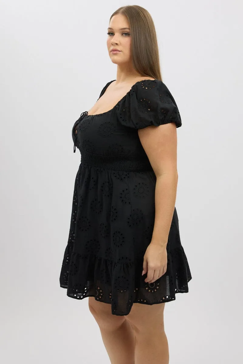 Layered Panel Design Black Cotton Eyelet Lace Scoop Neck Mini Dress