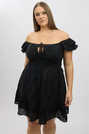 Glow Star Black Cotton Eyelet Lace Scoop Neck Mini Dress