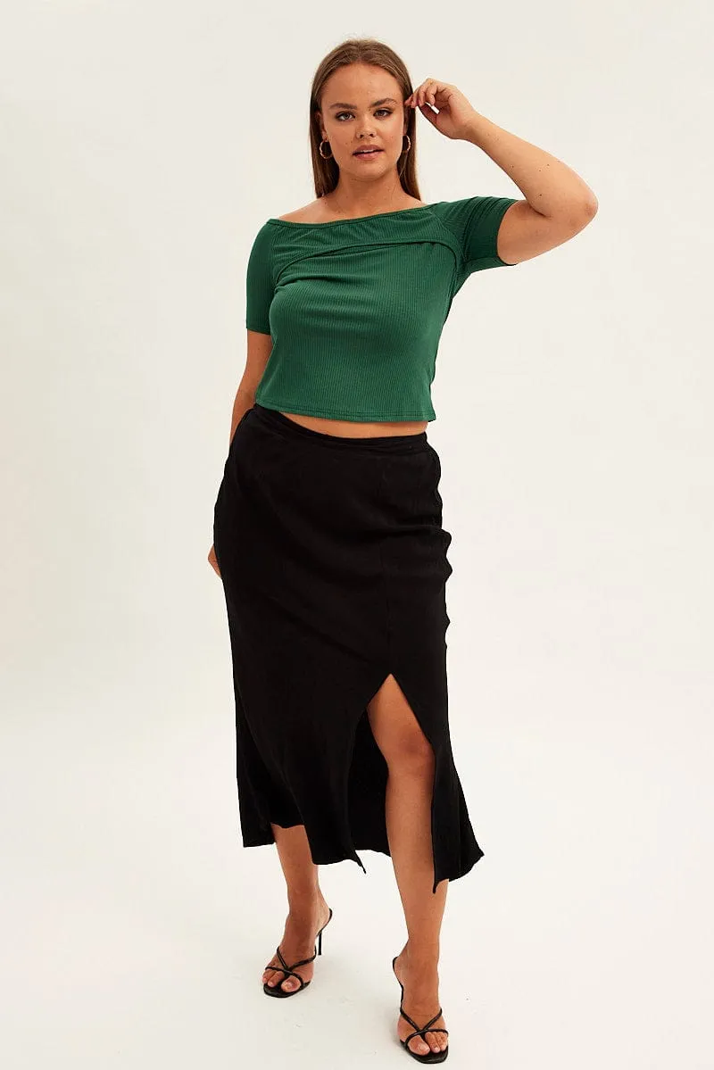 Black Midi Skirt Elastic Waist Split Side Linen Blend Classic Choice Cozy Vibe