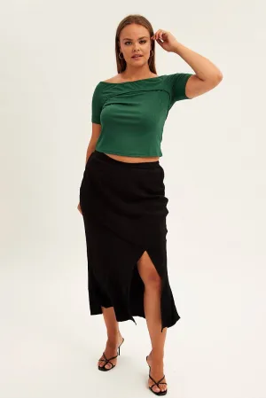 Black Midi Skirt Elastic Waist Split Side Linen Blend Classic Choice Cozy Vibe