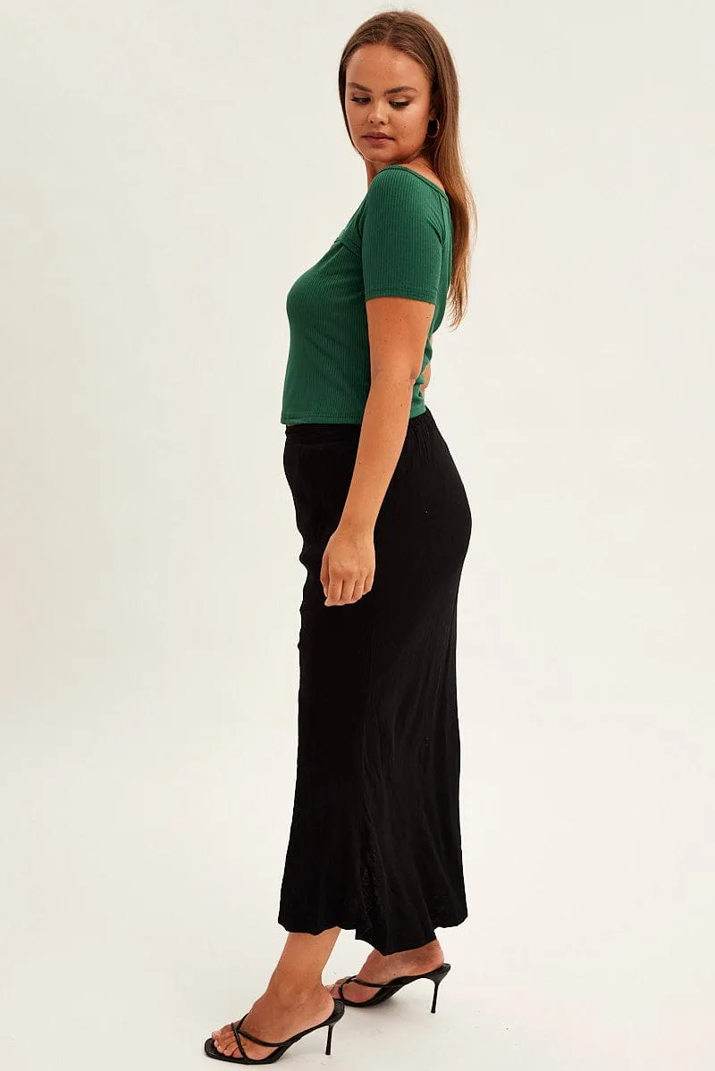 garden party Black Midi Skirt Elastic Waist Split Side Linen Blend