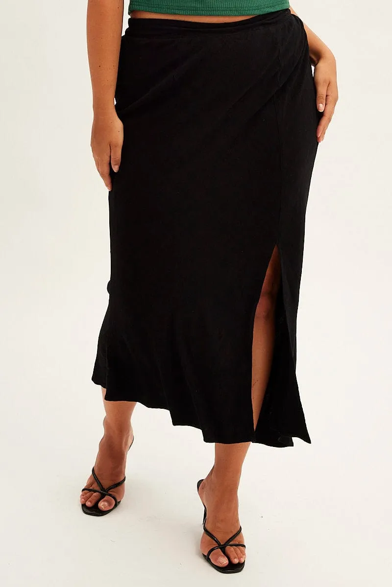Black Midi Skirt Elastic Waist Split Side Linen Blend Mix Texture