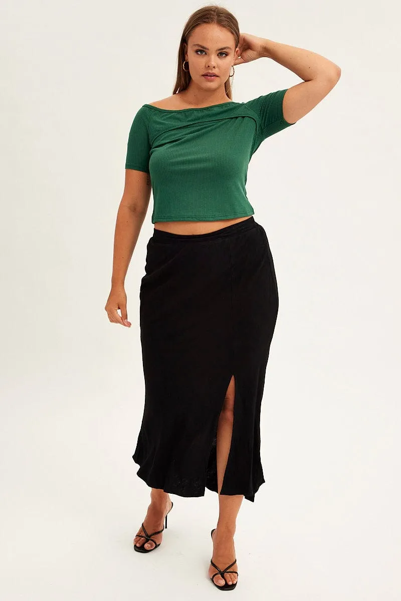 Black Midi Skirt Elastic Waist Split Side Linen Blend Leg Elongating