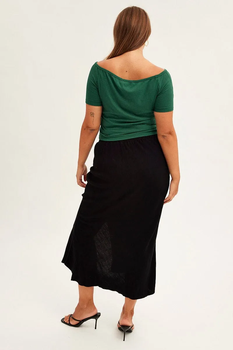 Luxury Feel Removable Belt Black Midi Skirt Elastic Waist Split Side Linen Blend