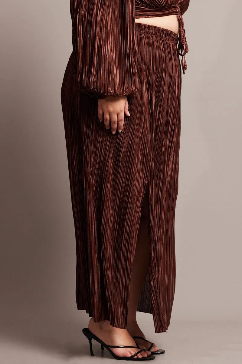 Beach Day Brown Midi Skirt Side Split Plisse