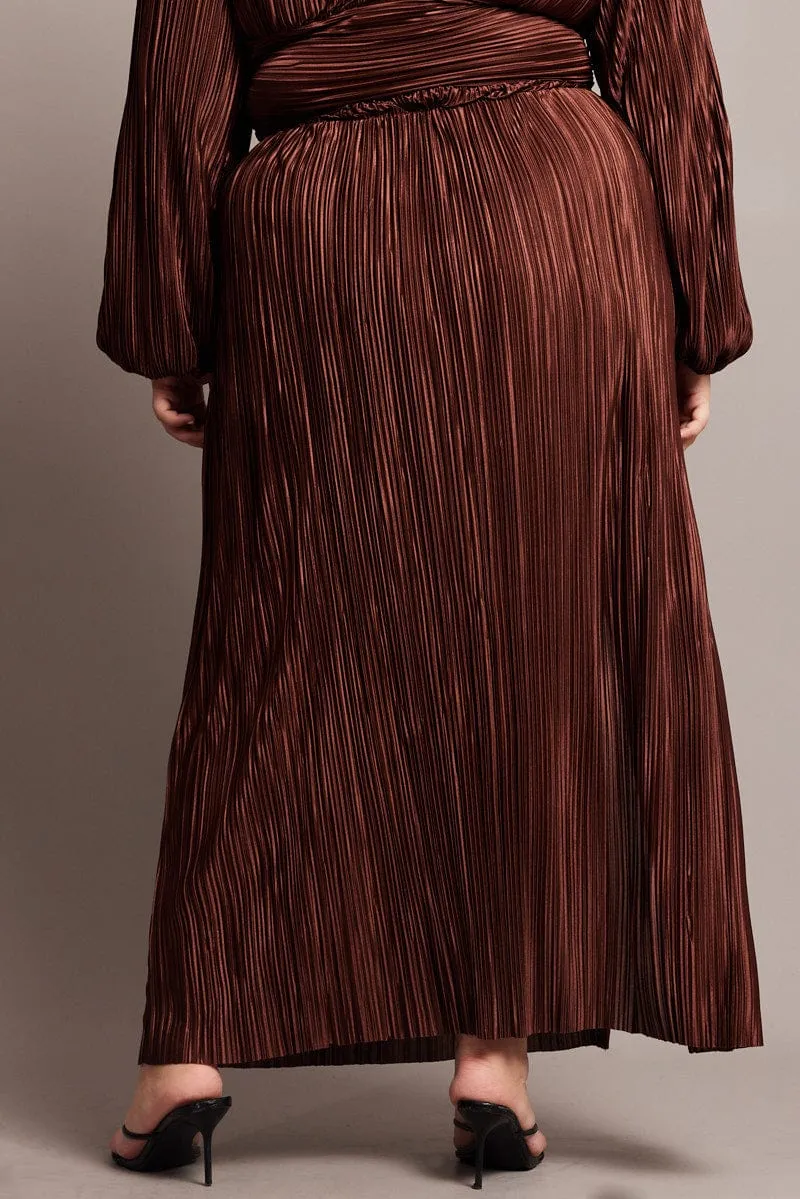 Brown Midi Skirt Side Split Plisse Ventilated Panels Outfit Ideas