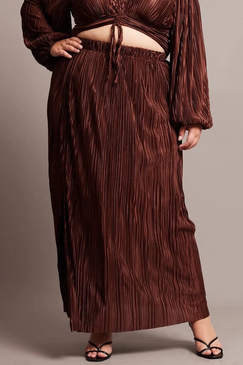 Travel Friendly Draped Design Brown Midi Skirt Side Split Plisse