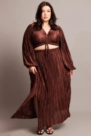 Brown Midi Skirt Side Split Plisse Natural Look Polka Dot