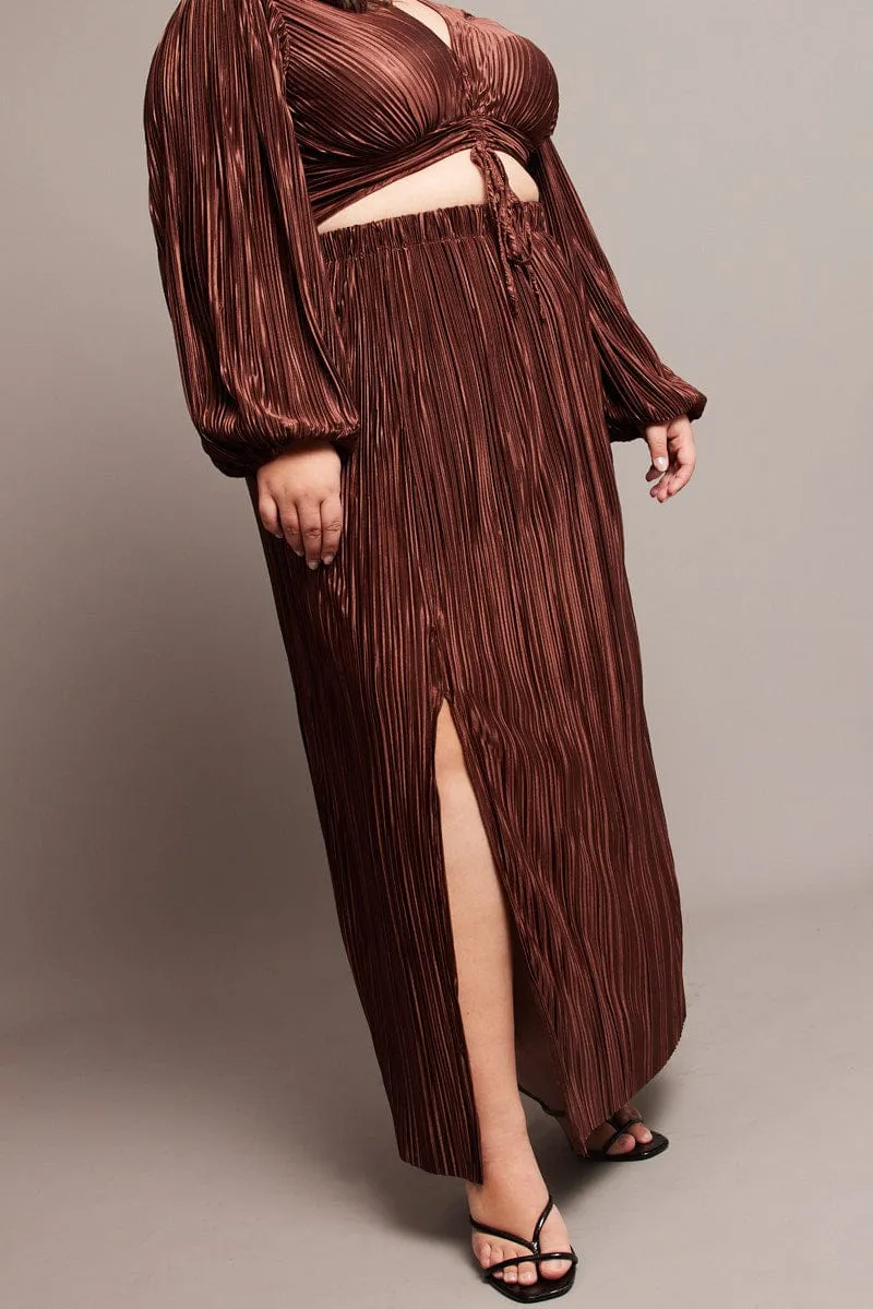 Brown Midi Skirt Side Split Plisse understated look Fresh Look