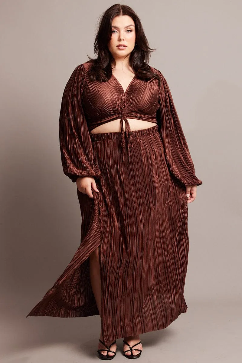 Brown Midi Skirt Side Split Plisse Natural Look Polka Dot