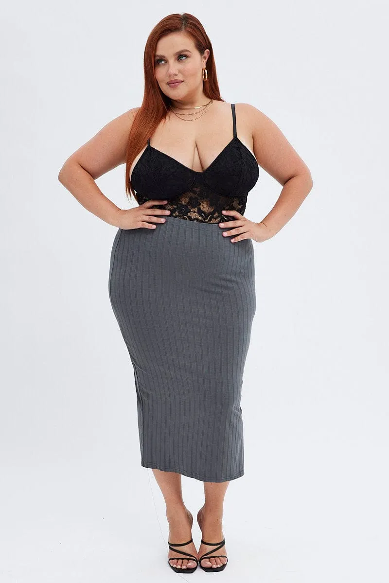 Grey Midi Skirt Wide Rib Jersey Bodycon Soft Layers