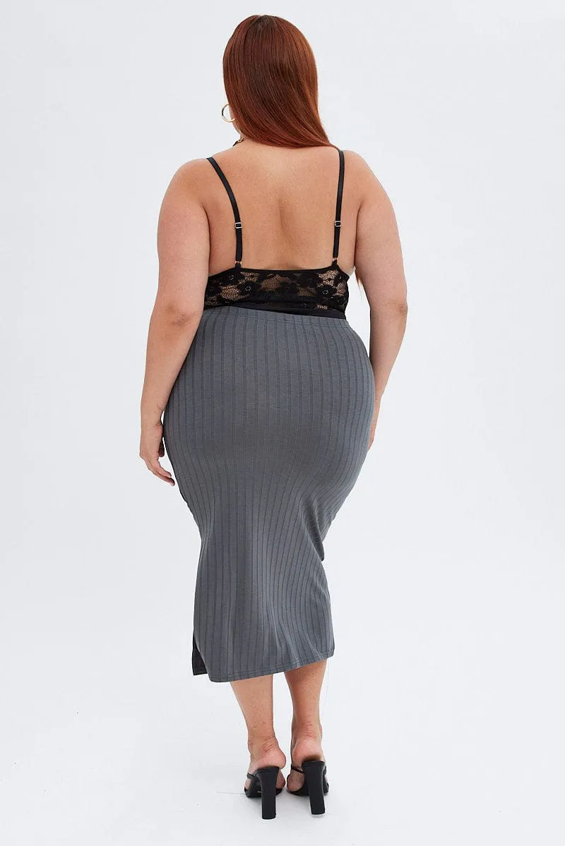 Everyday Look Double Layer Construction Grey Midi Skirt Wide Rib Jersey Bodycon