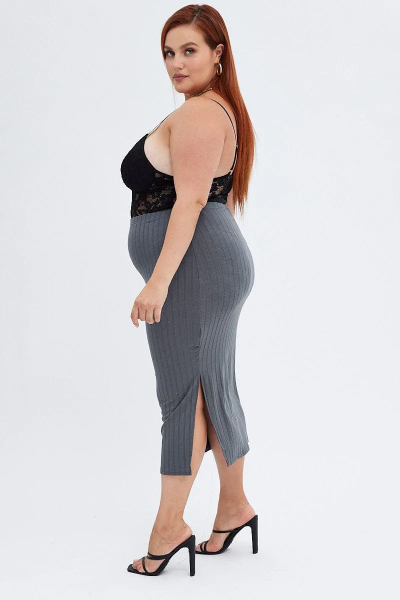Smart Casual Convertible Style Grey Midi Skirt Wide Rib Jersey Bodycon