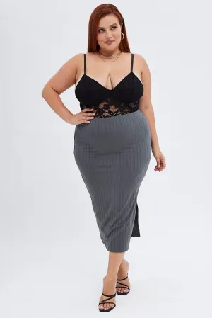 Fashion Detail Grey Midi Skirt Wide Rib Jersey Bodycon