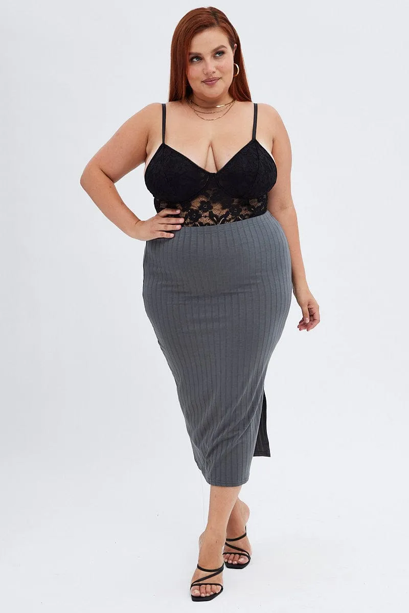 Fashion Detail Grey Midi Skirt Wide Rib Jersey Bodycon