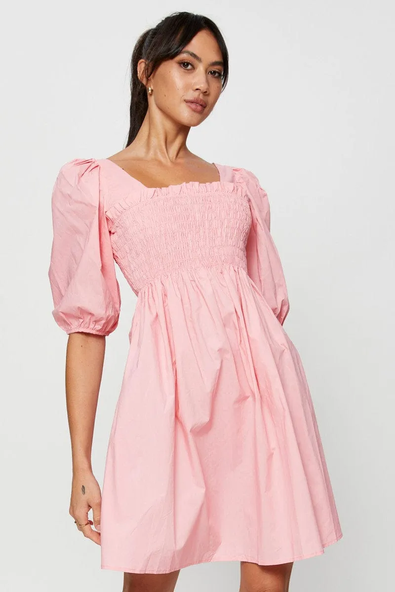 Pink Mini Dress Short Sleeve Evening Scene Fresh