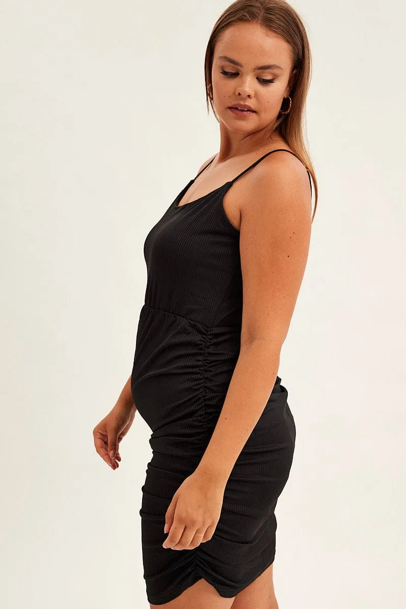 Black Midi Dress Sleeveless Drawstring Side Elegant Layers Urban Girl