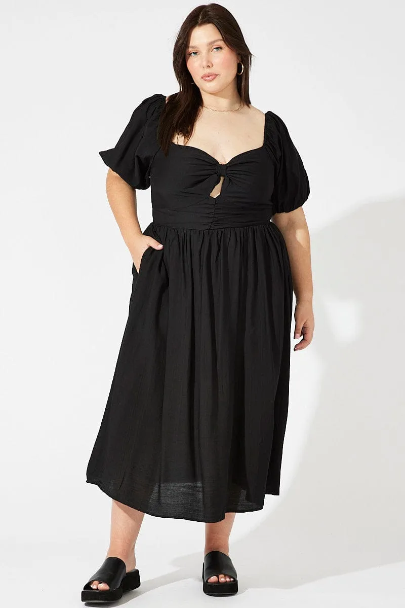 Black Ruched Waist Detail Midi Dress Classic Style