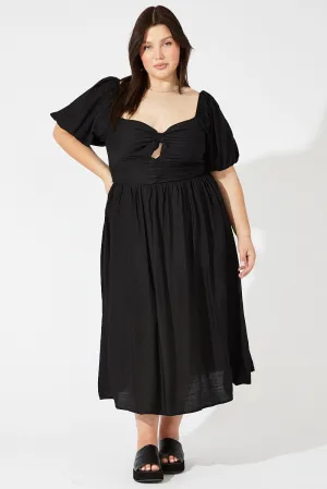 Black Ruched Waist Detail Midi Dress Velvet Smooth Light and breathable daywear