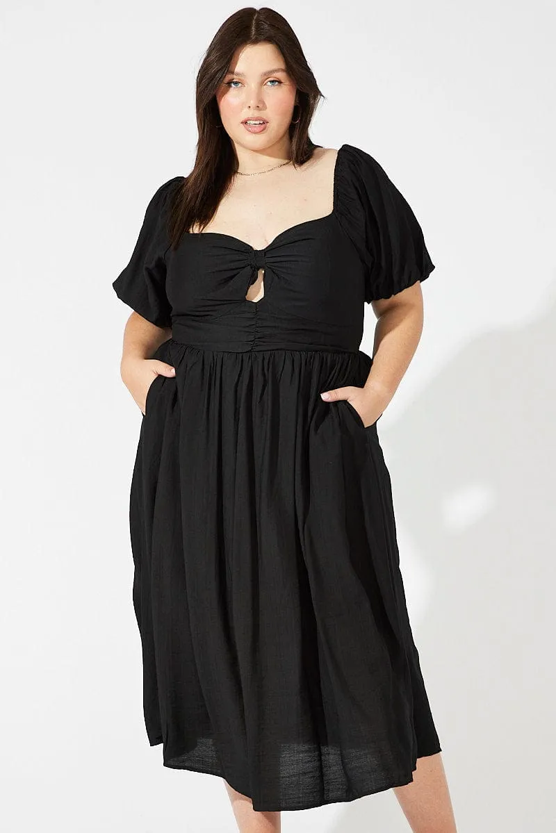 Black Ruched Waist Detail Midi Dress High impact