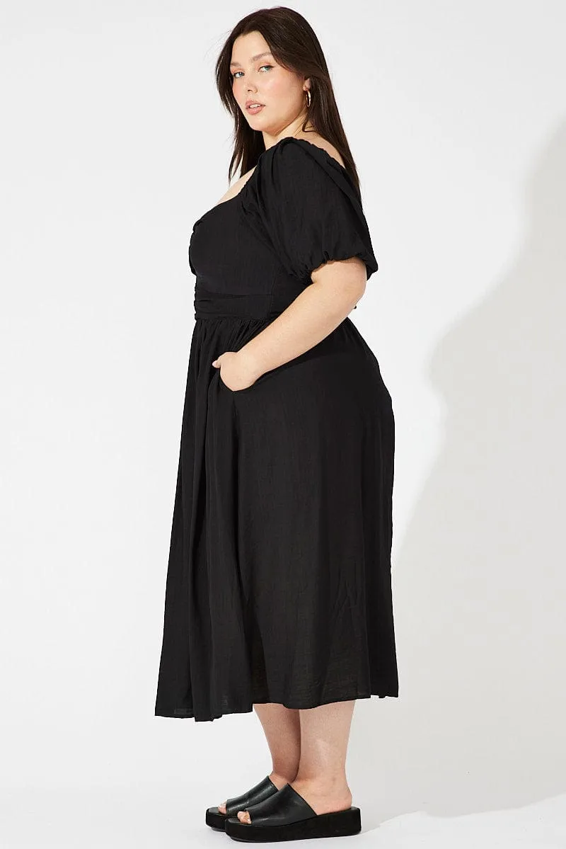 Classy Look Travel Ready Black Ruched Waist Detail Midi Dress