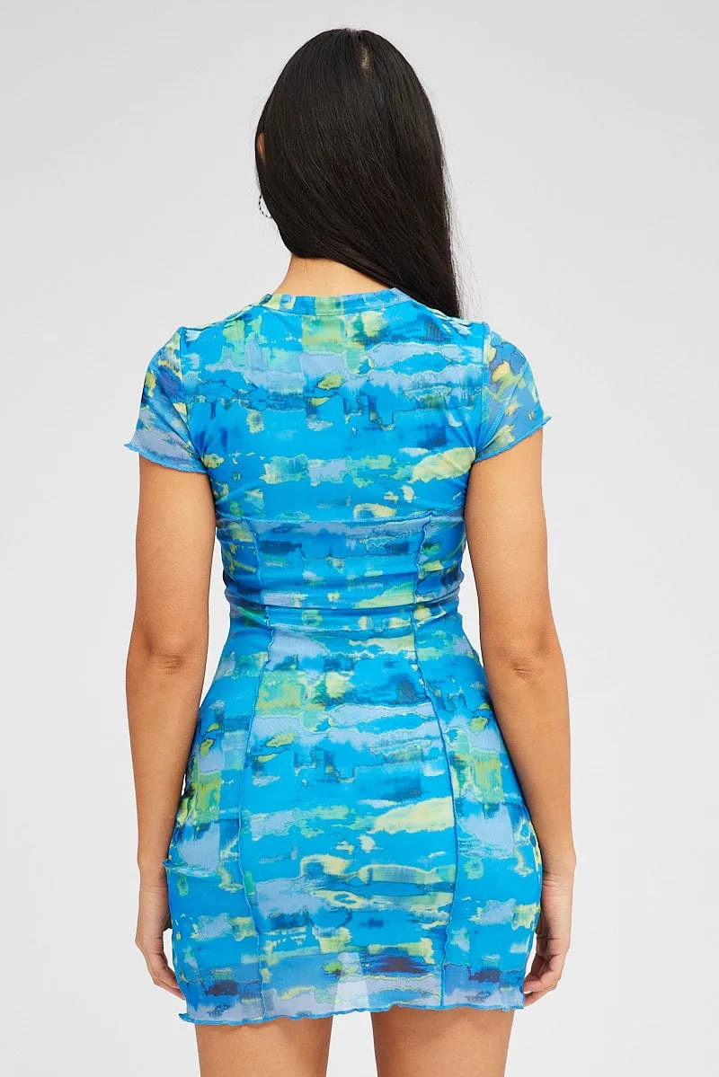 Curvy Love Timeless Fashion Wear Blue Abstract Mini Dress Cap Sleeve Crew Neck Bodycon Mesh