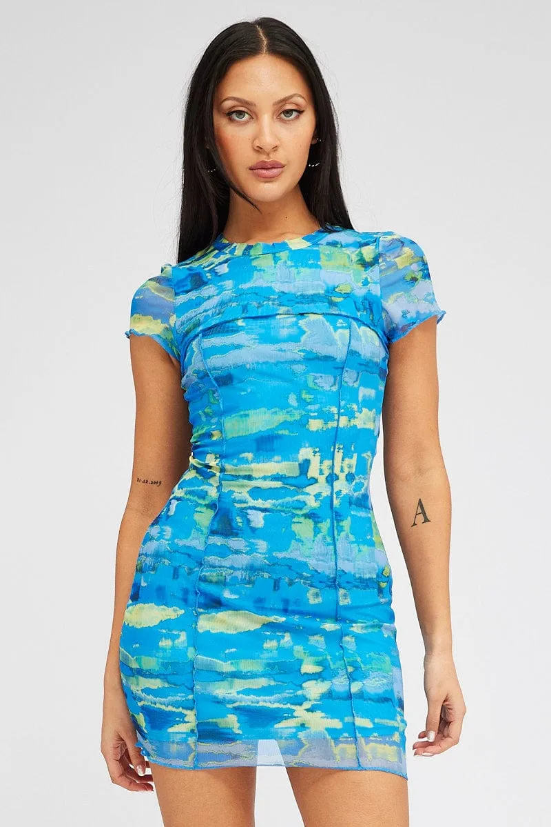 Blue Abstract Mini Dress Cap Sleeve Crew Neck Bodycon Mesh Flirty Wear Fun Pop