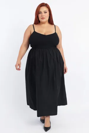 Black Midi Dress Sleeveless Poplin Skirt Shirred Back Chill Feel
