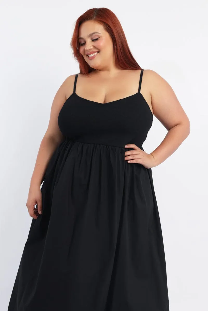 Black Midi Dress Sleeveless Poplin Skirt Synthetic Blend