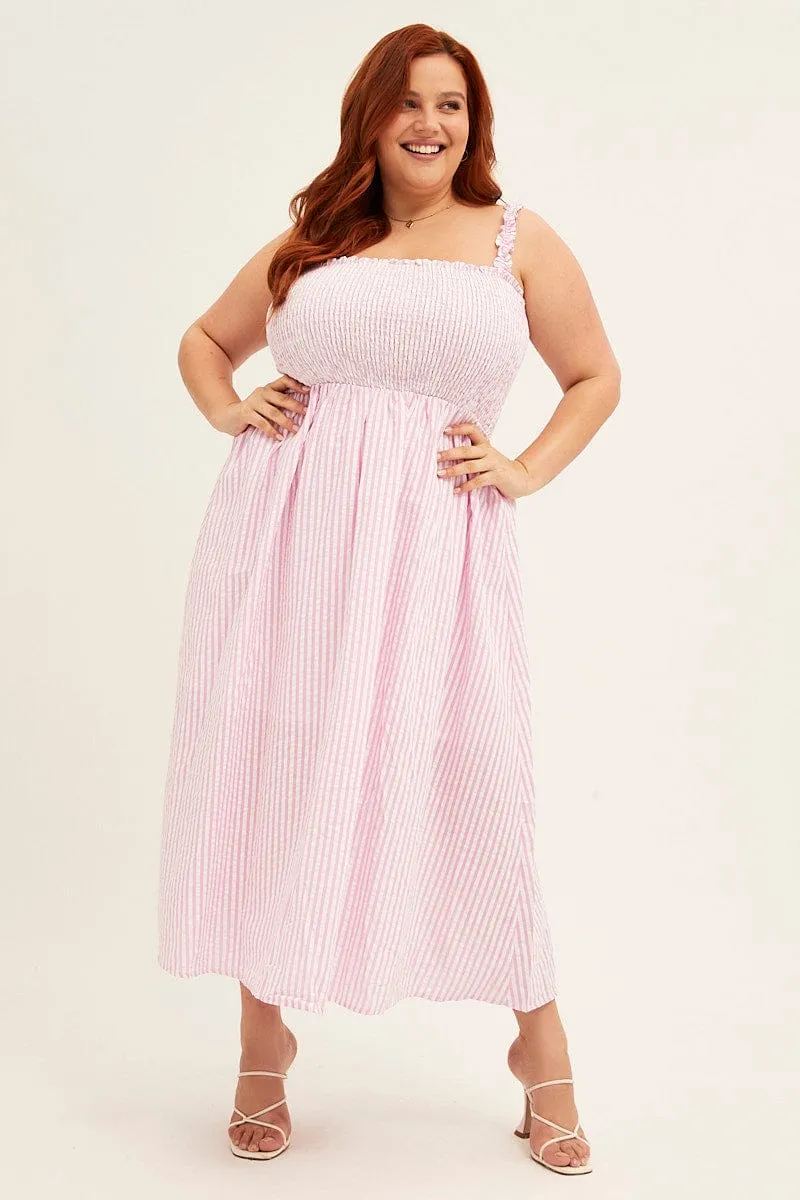 Elegant Option Vibrant summer dress Pink Stripe Midi Dress Frill Shoulder Sleeveless Shirred Bust
