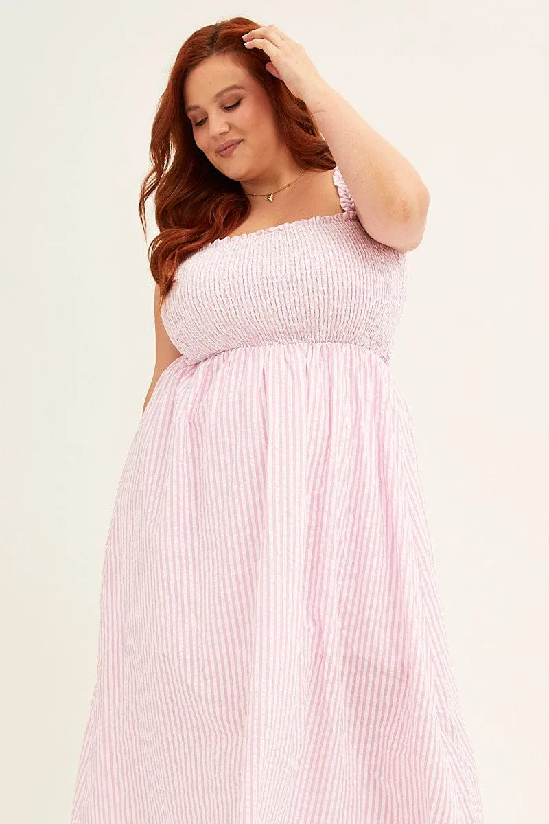 Casual weekend midi Light and breathable daywear Pink Stripe Midi Dress Frill Shoulder Sleeveless Shirred Bust