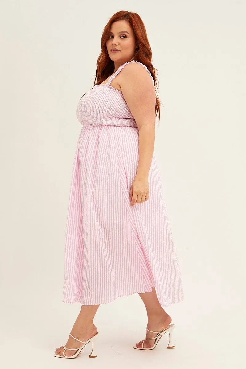 Pink Stripe Midi Dress Frill Shoulder Sleeveless Shirred Bust Wardrobe Staple