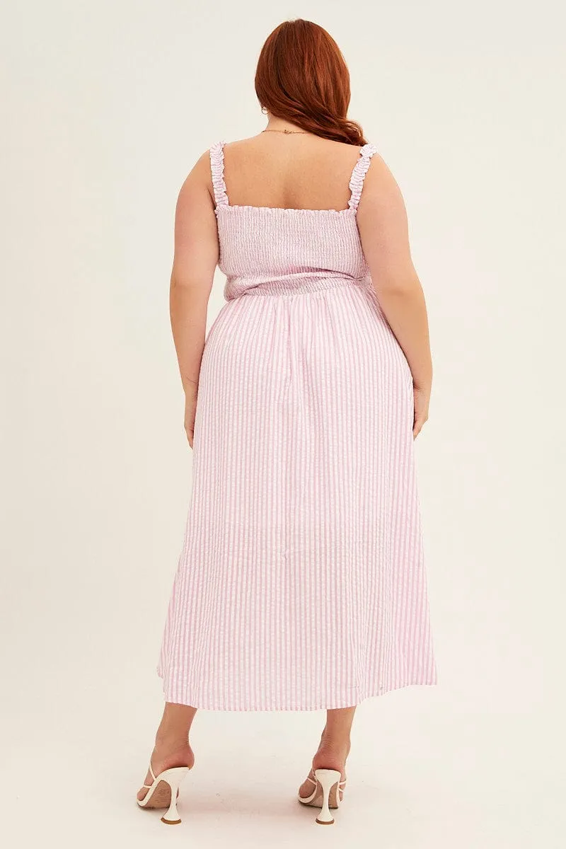 Style Versatile Pink Stripe Midi Dress Frill Shoulder Sleeveless Shirred Bust