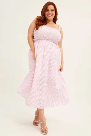 Pink Stripe Midi Dress Frill Shoulder Sleeveless Shirred Bust Polished Look pack light
