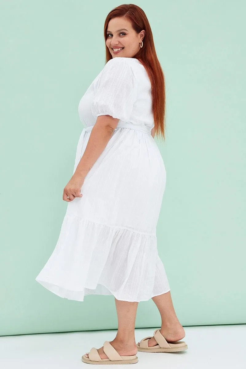 Jade Glow old town White Short Sleeve Textured Button Midi Dress