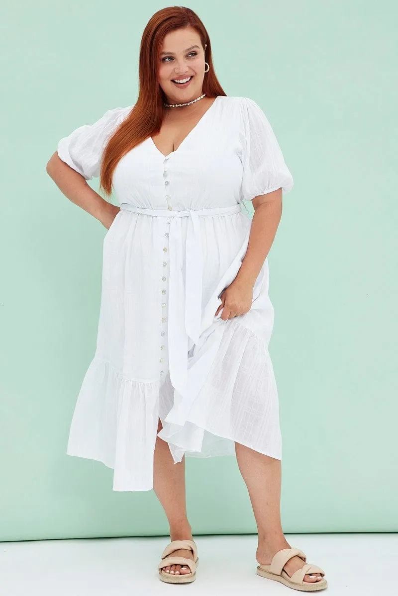 White Short Sleeve Textured Button Midi Dress Cozy Wrap Relaxed Design