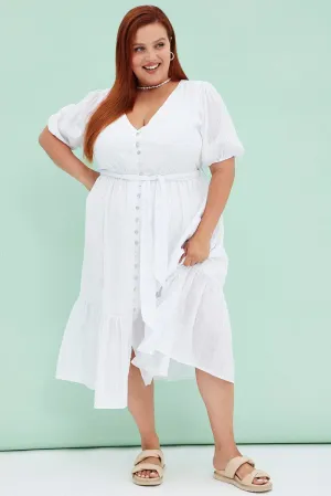 White Short Sleeve Textured Button Midi Dress Cozy Wrap Relaxed Design