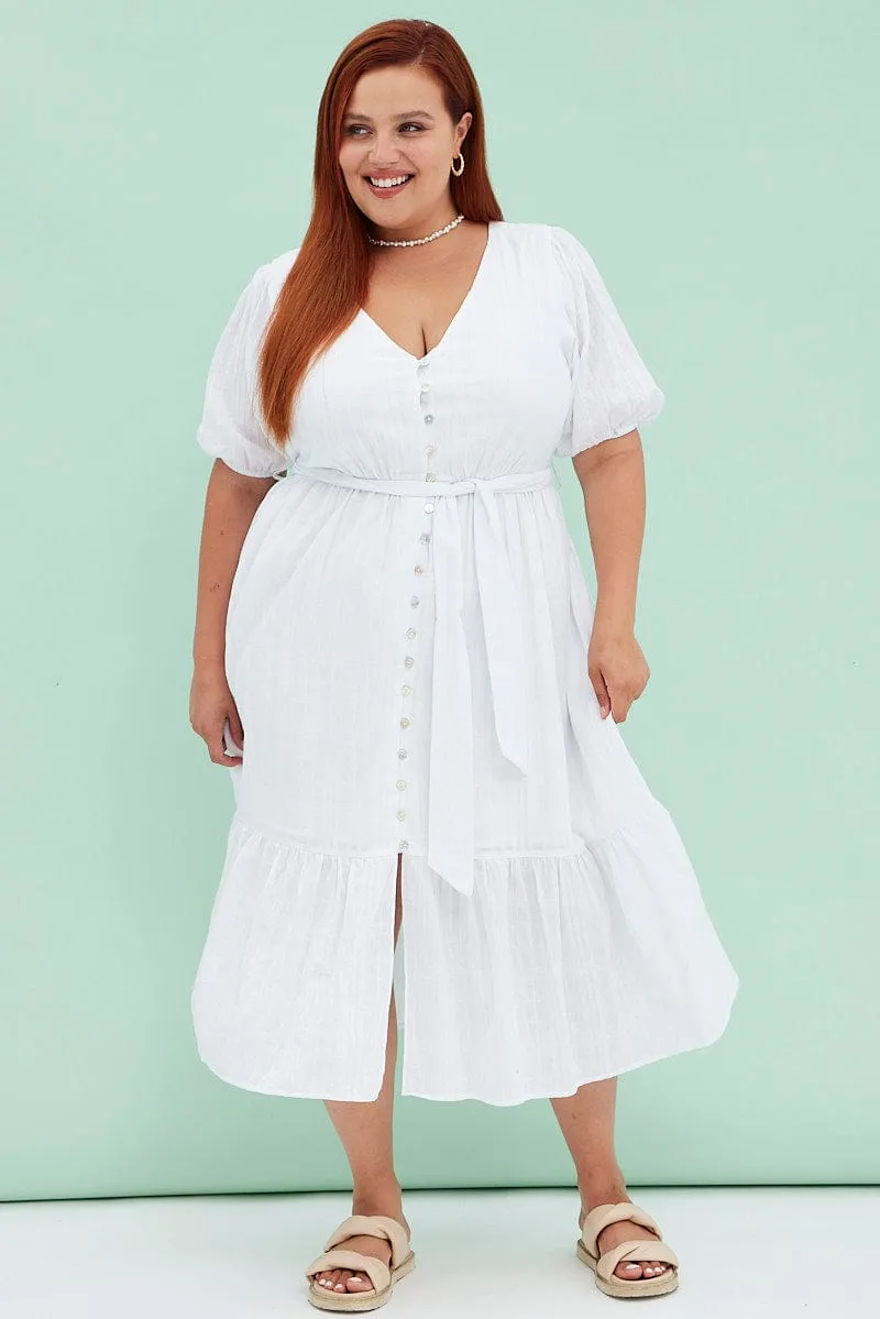 White Short Sleeve Textured Button Midi Dress Form Hugging Fashion Must-Have