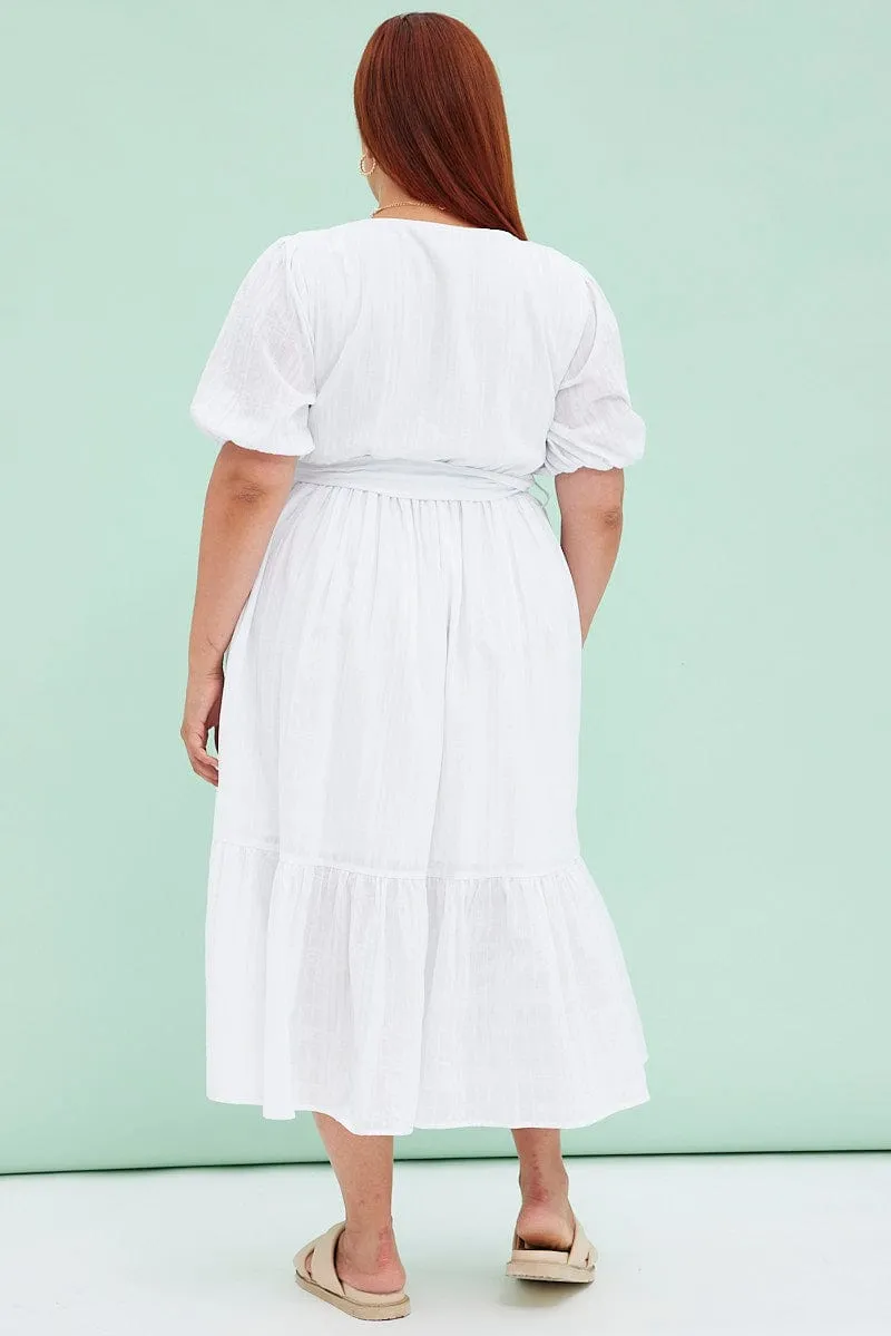 White Short Sleeve Textured Button Midi Dress elegant design